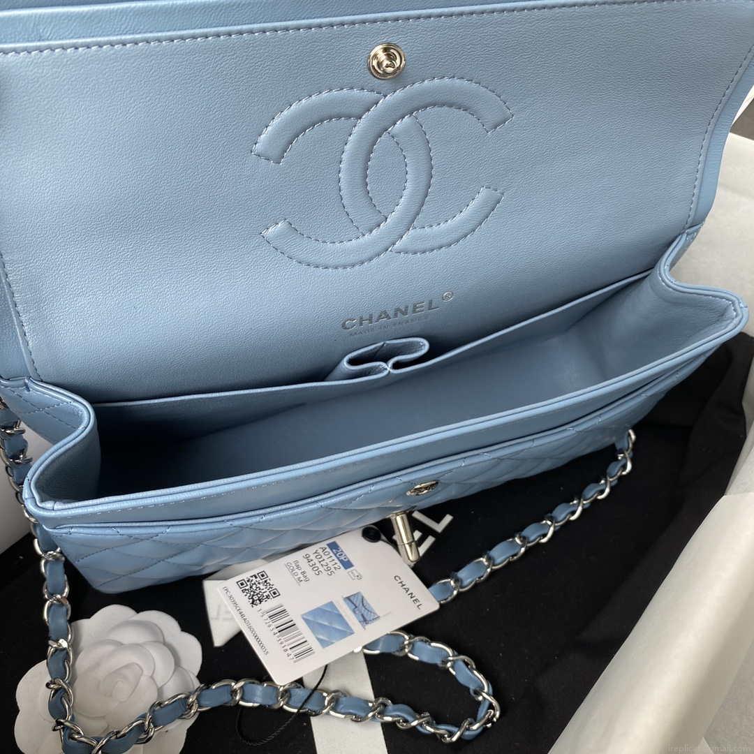 Chanel A01112 Flap Handbag Classic Bag Lambskin Sky Blue Silver