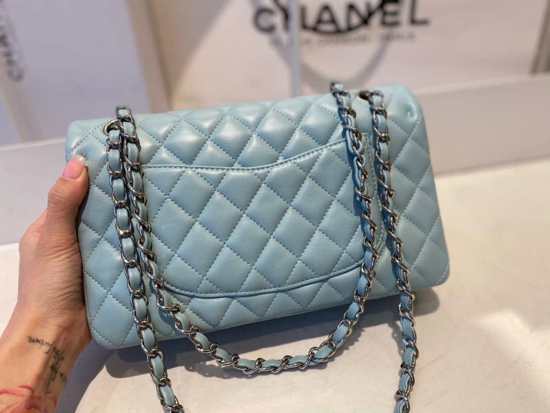 Chanel A01112 Flap Handbag Classic Bag Lambskin Light Blue Silver