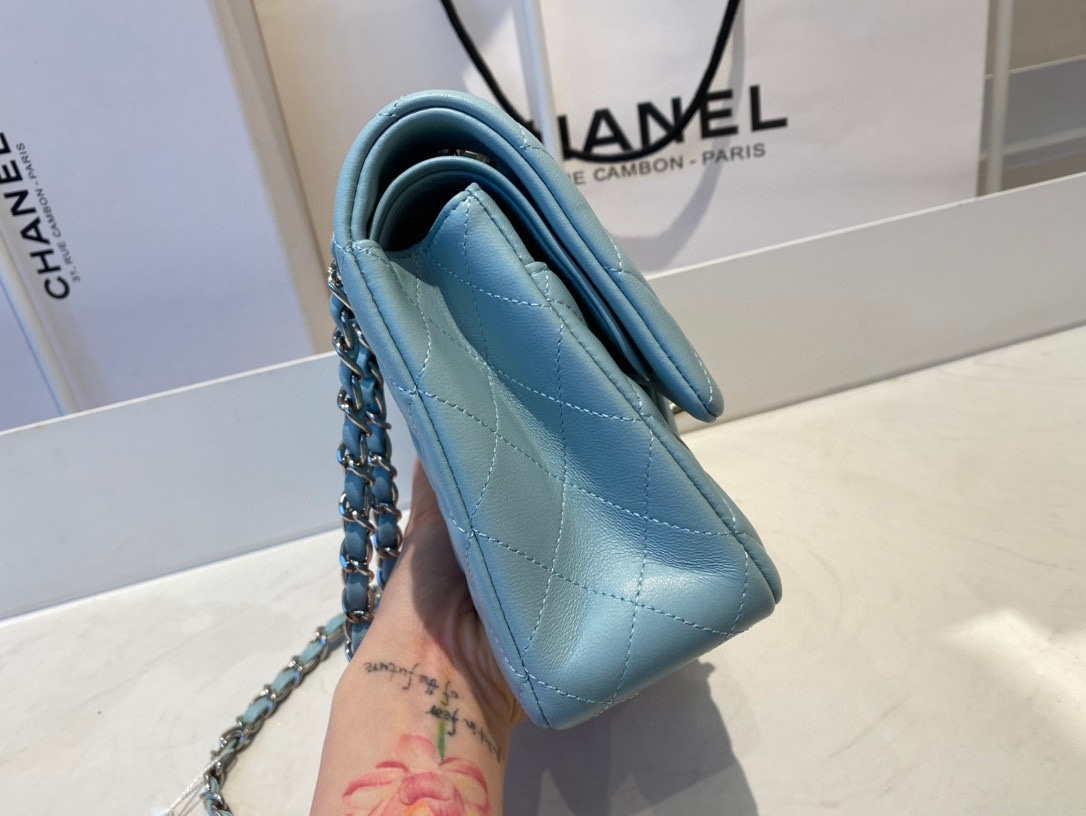 Chanel A01112 Flap Handbag Classic Bag Lambskin Light Blue Silver
