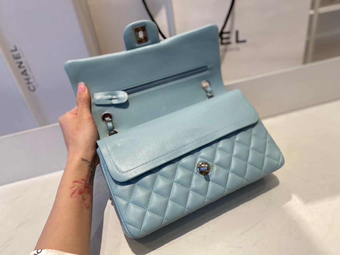 Chanel A01112 Flap Handbag Classic Bag Lambskin Light Blue Silver