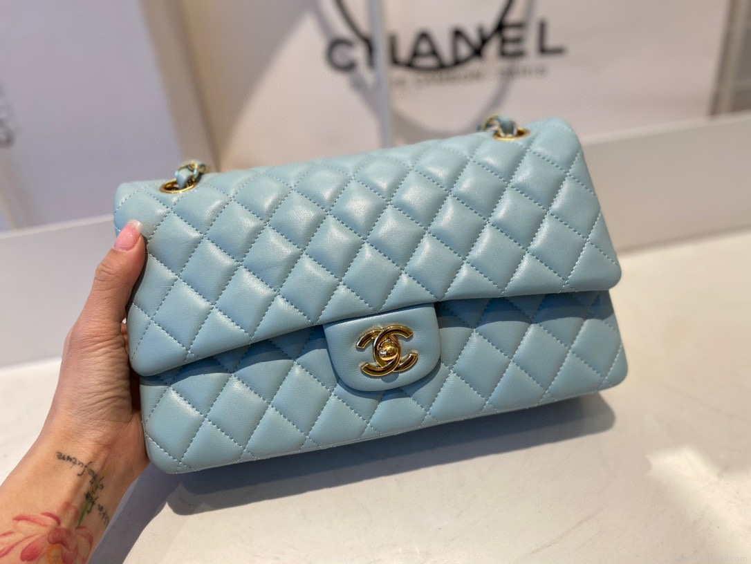 Chanel A01112 Flap Handbag Classic Bag Lambskin Light Blue Gold