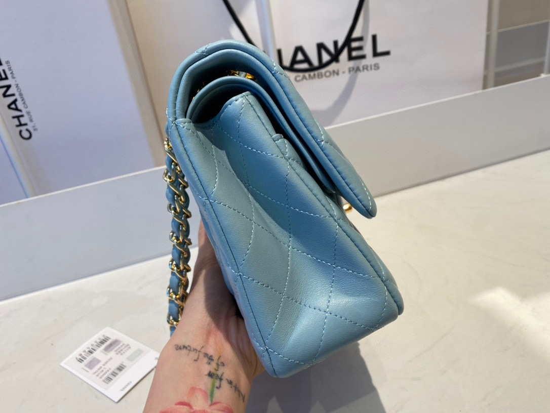 Chanel A01112 Flap Handbag Classic Bag Lambskin Light Blue Gold