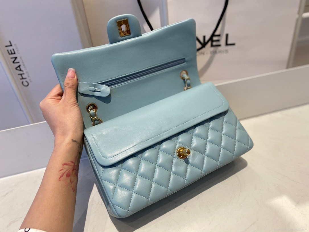 Chanel A01112 Flap Handbag Classic Bag Lambskin Light Blue Gold