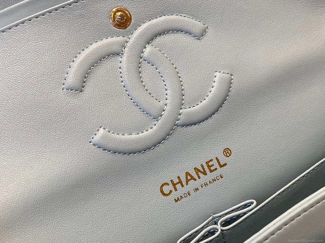 Chanel A01112 Flap Handbag Classic Bag Lambskin Light Blue Gold