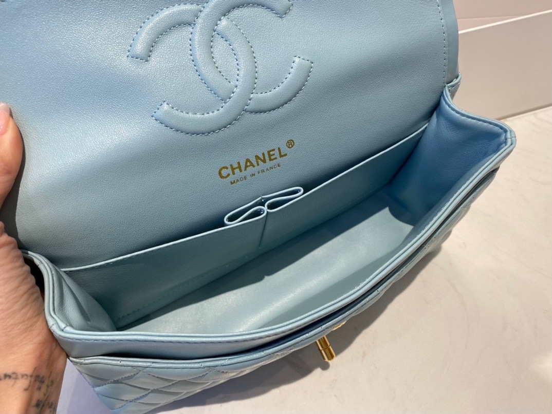 Chanel A01112 Flap Handbag Classic Bag Lambskin Light Blue Gold