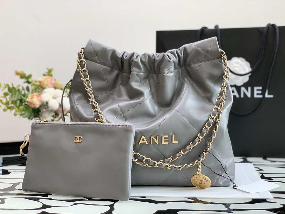 Chanel AS3260 22 Small Handbag Metallic Calfskin Gray Metal With logo Gold