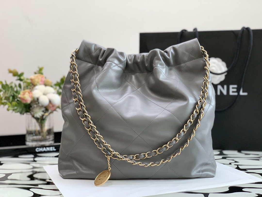 Chanel AS3260 22 Small Handbag Metallic Calfskin Gray Metal With logo Gold