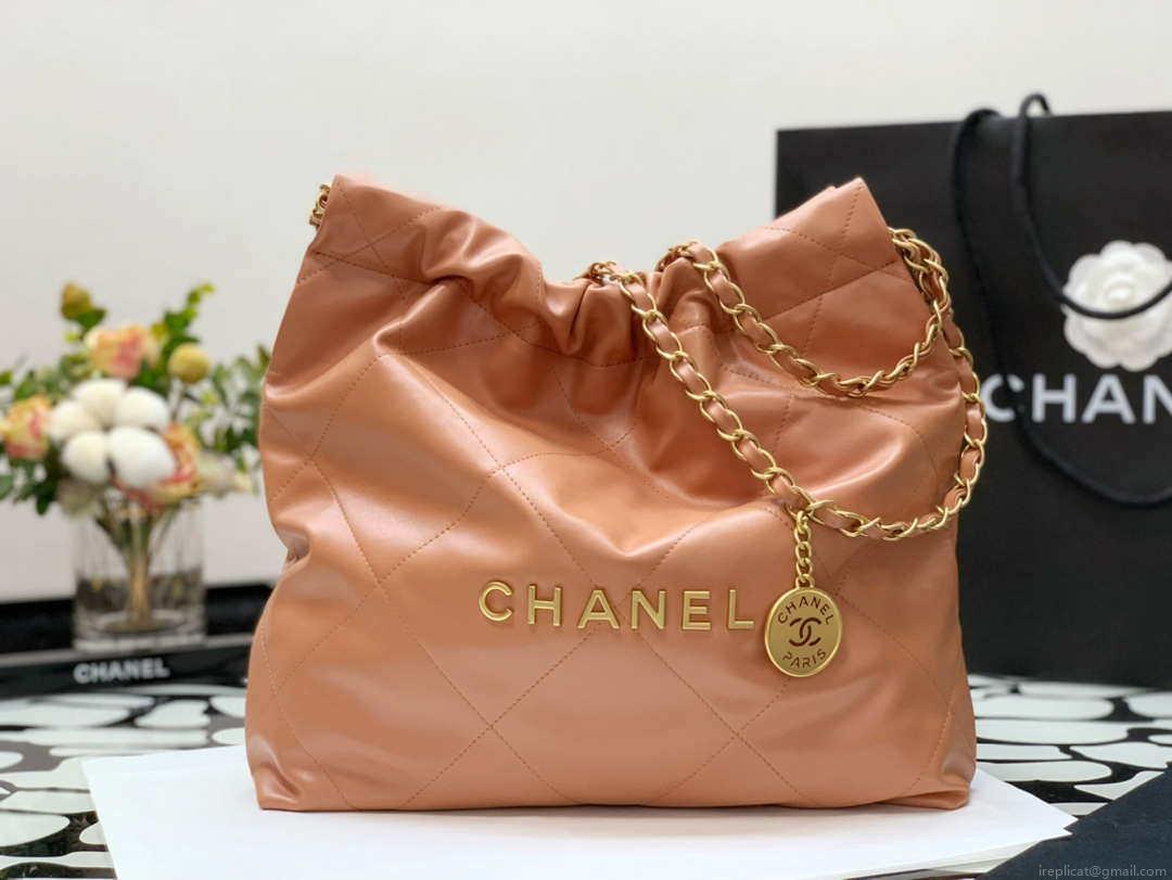 Chanel AS3260 22 Small Handbag Shiny Calfskin Camel Gold Metal