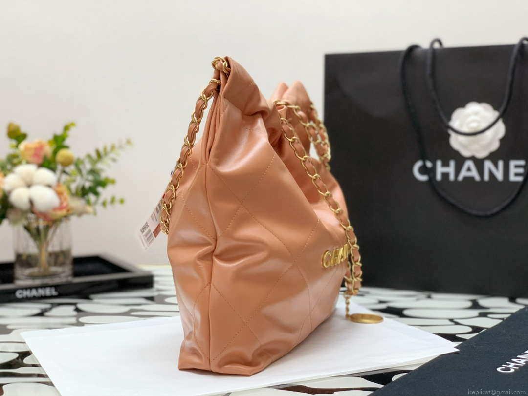 Chanel AS3260 22 Small Handbag Shiny Calfskin Camel Gold Metal