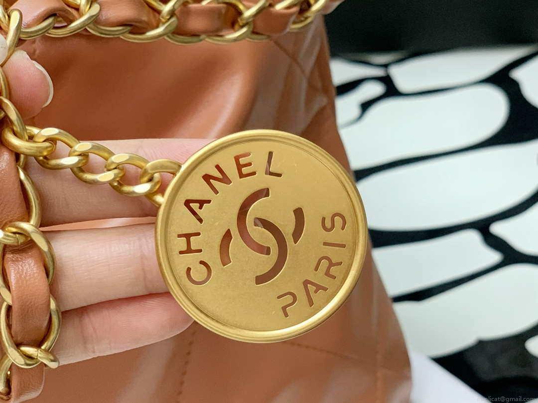 Chanel AS3260 22 Small Handbag Shiny Calfskin Camel Gold Metal