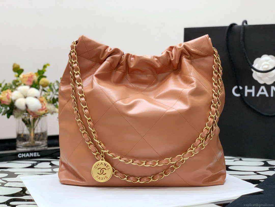 Chanel AS3260 22 Small Handbag Shiny Calfskin Camel Gold Metal
