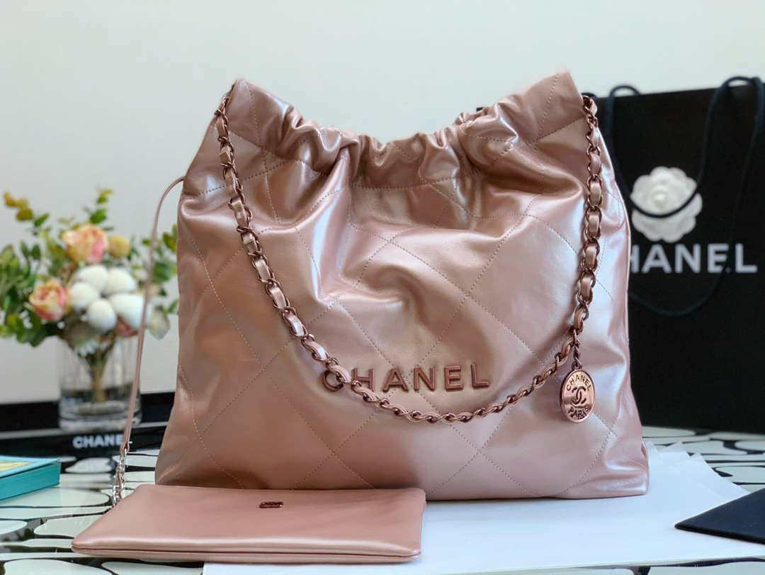 Chanel 22 Handbag Shiny Calfskin AS3261 Pink Gold Metal