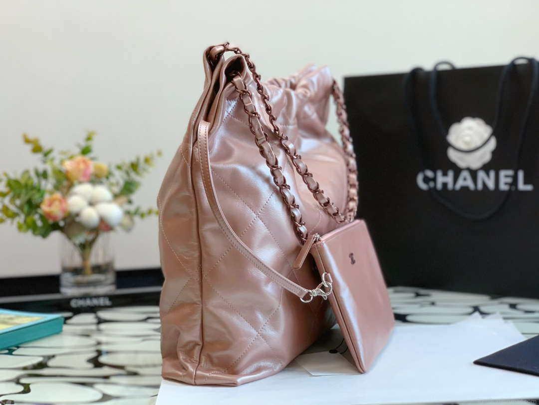 Chanel 22 Handbag Shiny Calfskin AS3261 Pink Gold Metal