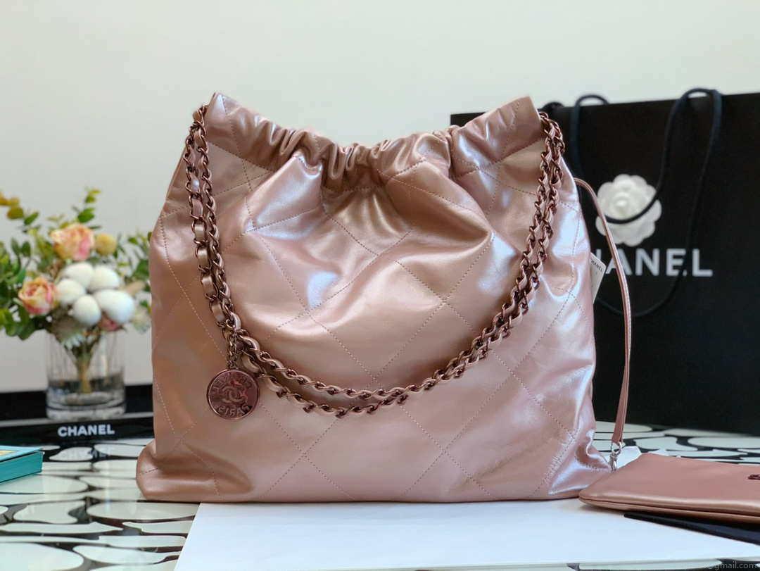 Chanel 22 Handbag Shiny Calfskin AS3261 Pink Gold Metal