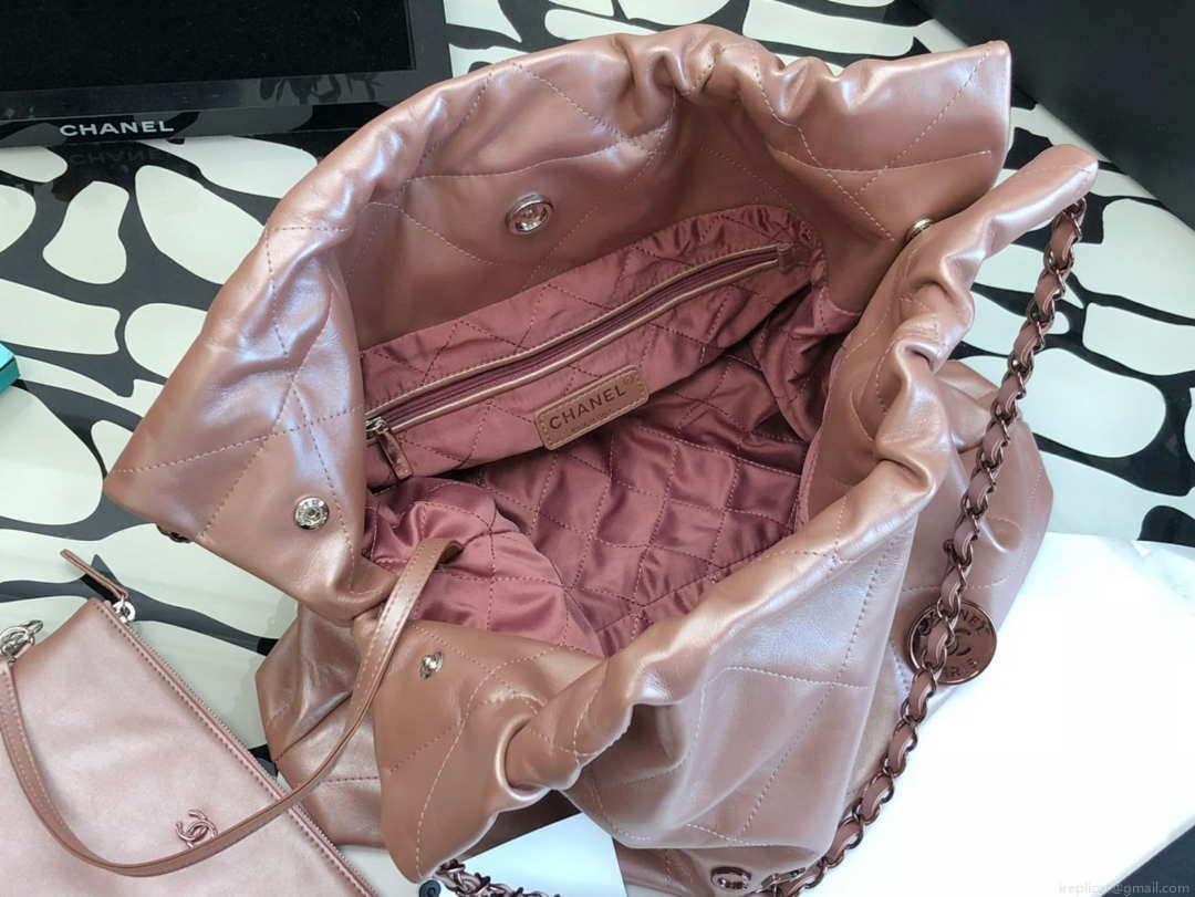 Chanel 22 Handbag Shiny Calfskin AS3261 Pink Gold Metal