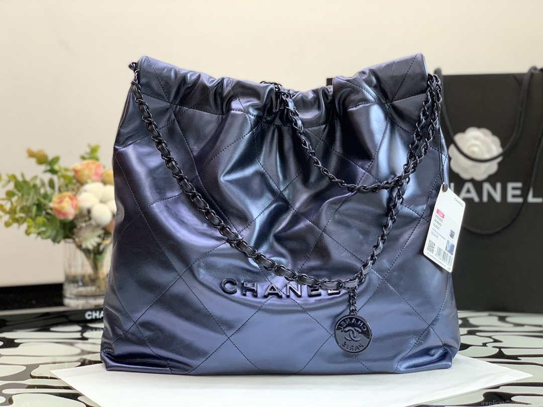 Chanel 22 Handbag Metallic Calfskin AS3261 Blue Gold Metal