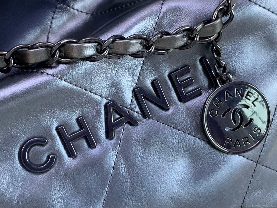Chanel 22 Handbag Metallic Calfskin AS3261 Blue Gold Metal