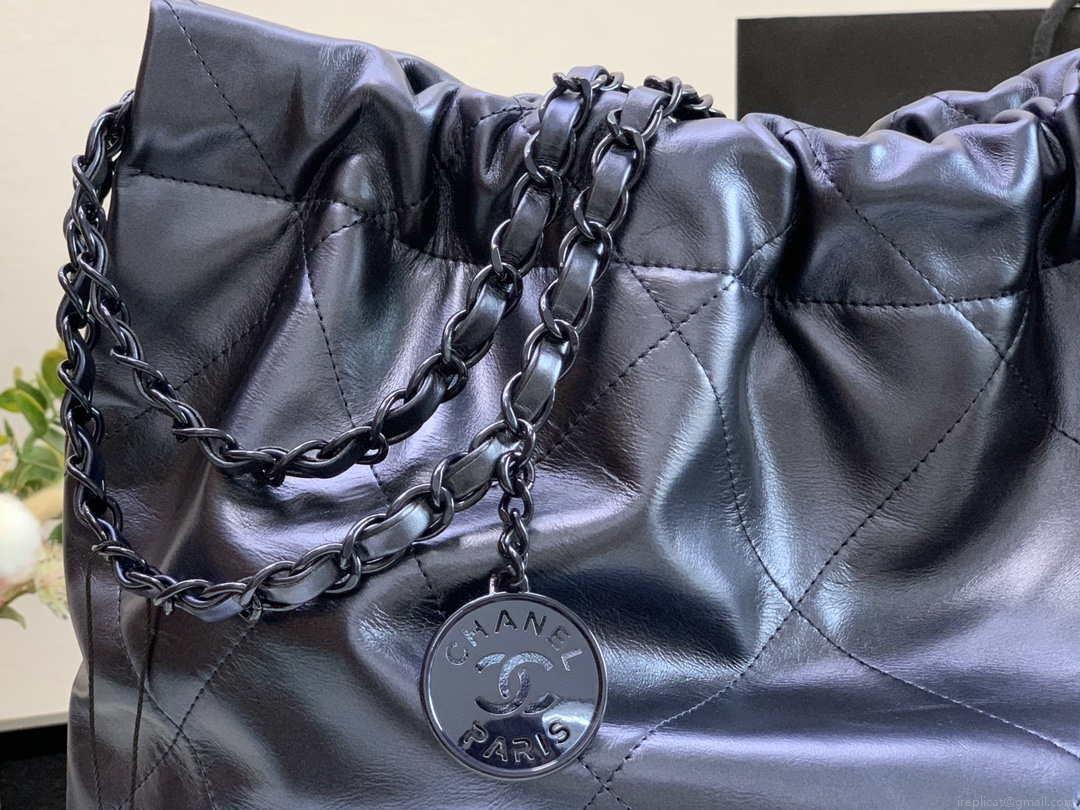 Chanel 22 Handbag Metallic Calfskin AS3261 Blue Gold Metal