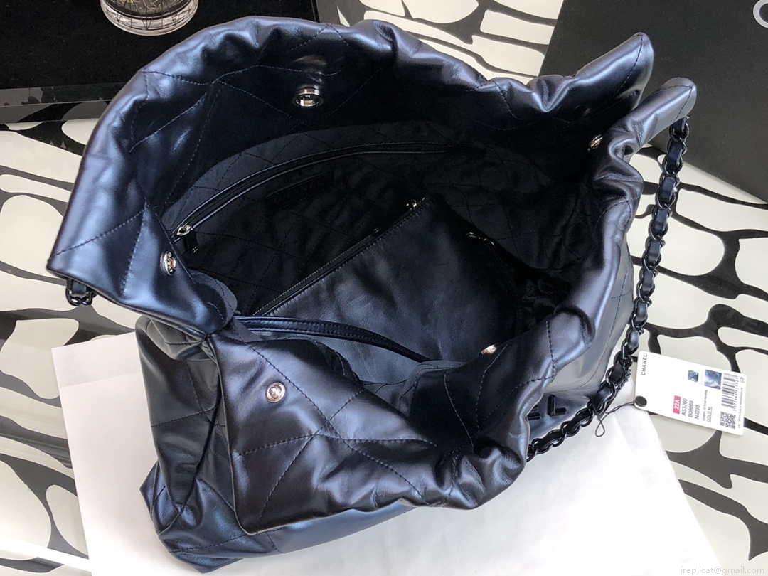 Chanel 22 Handbag Metallic Calfskin AS3261 Blue Gold Metal