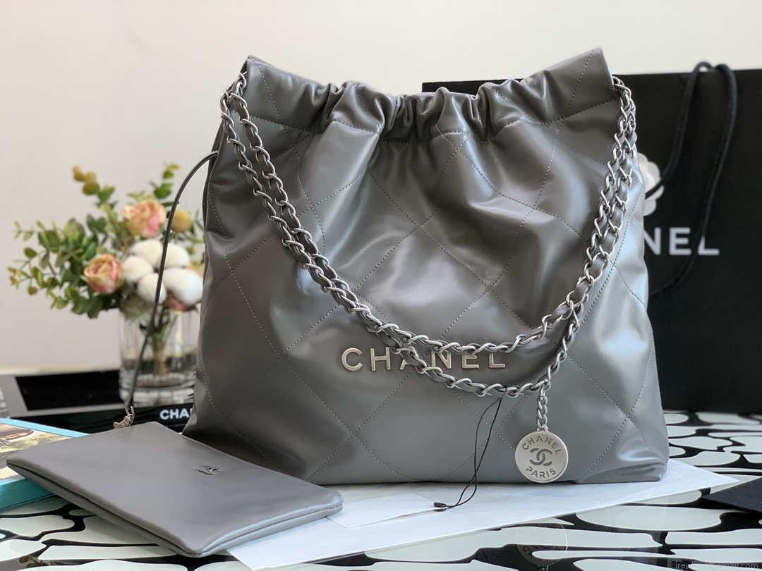 Chanel 22 Handbag Metallic Calfskin AS3261 Gray Metal