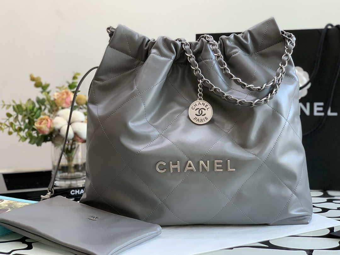 Chanel 22 Handbag Metallic Calfskin AS3261 Gray Metal