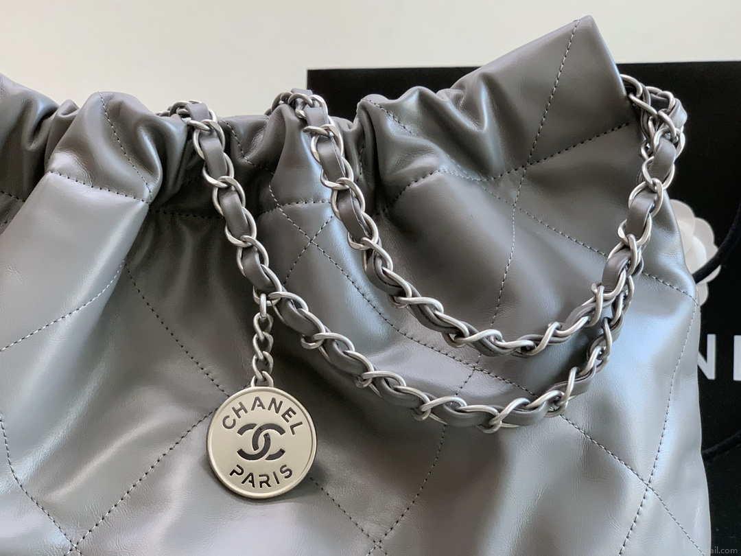 Chanel 22 Handbag Metallic Calfskin AS3261 Gray Metal