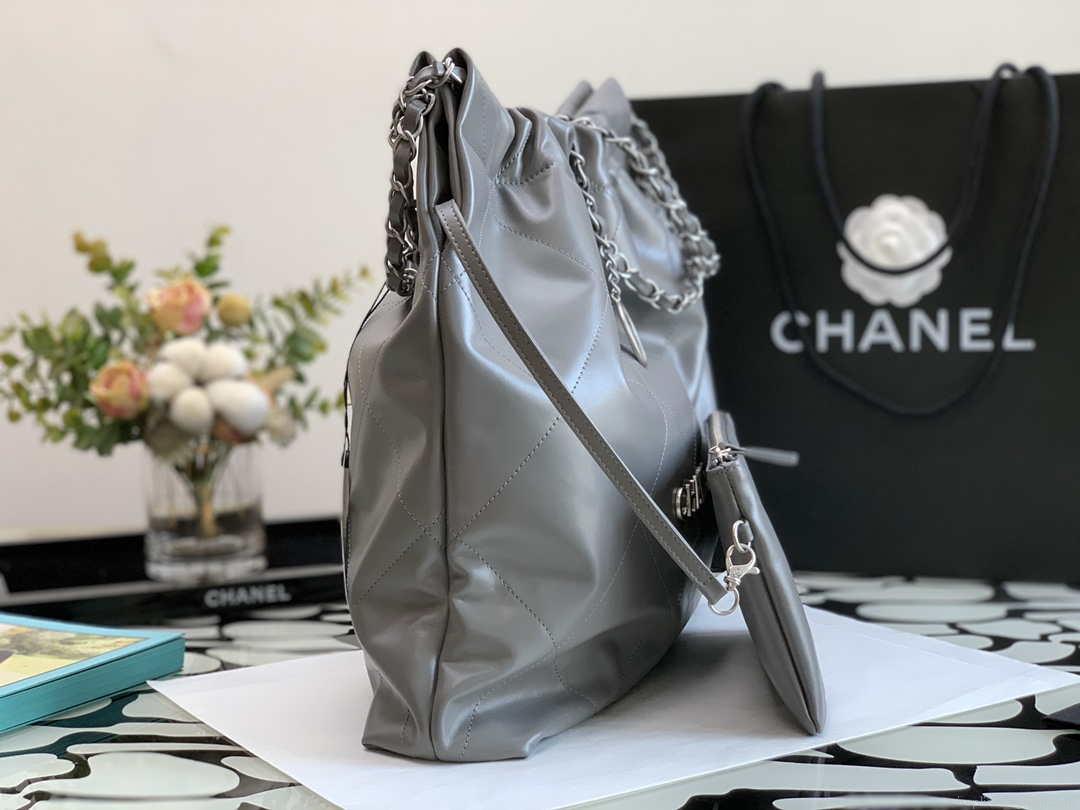 Chanel 22 Handbag Metallic Calfskin AS3261 Gray Metal