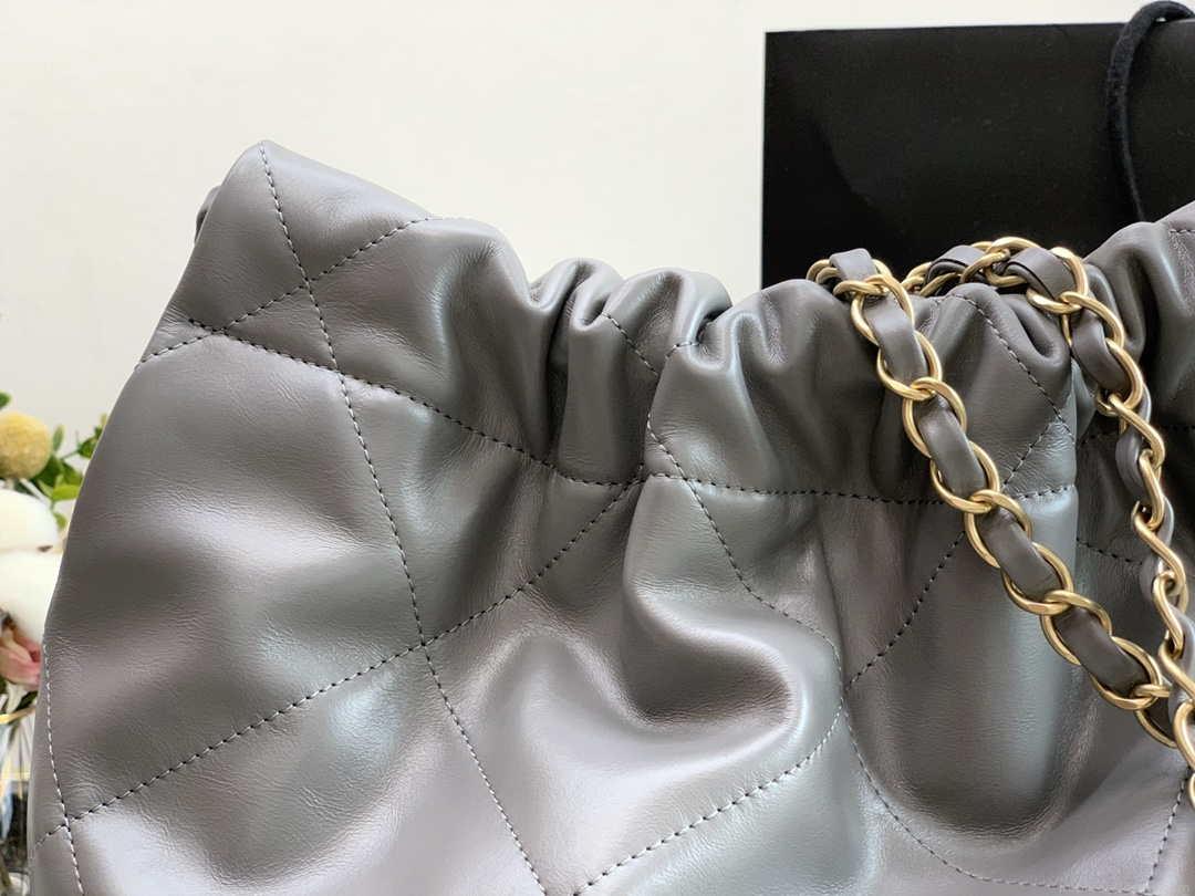 Chanel 22 Handbag Metallic Calfskin AS3261 Gray Gold Metal with Gold
