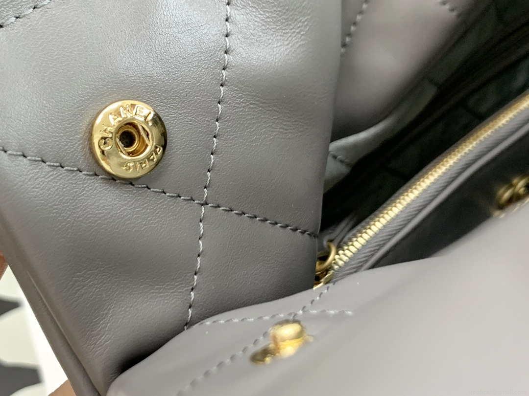 Chanel 22 Handbag Metallic Calfskin AS3261 Gray Gold Metal with Gold