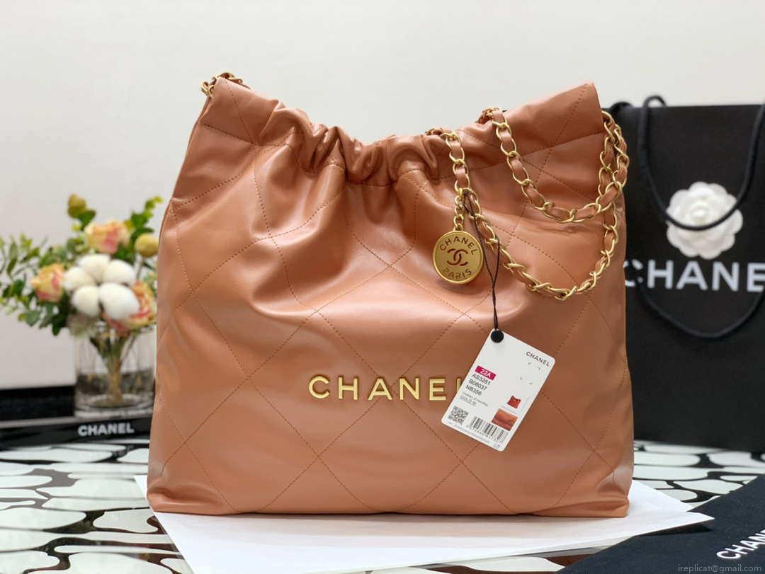 Chanel 22 Handbag Shiny Calfskin AS3261 Camel Gold-Tone Metal