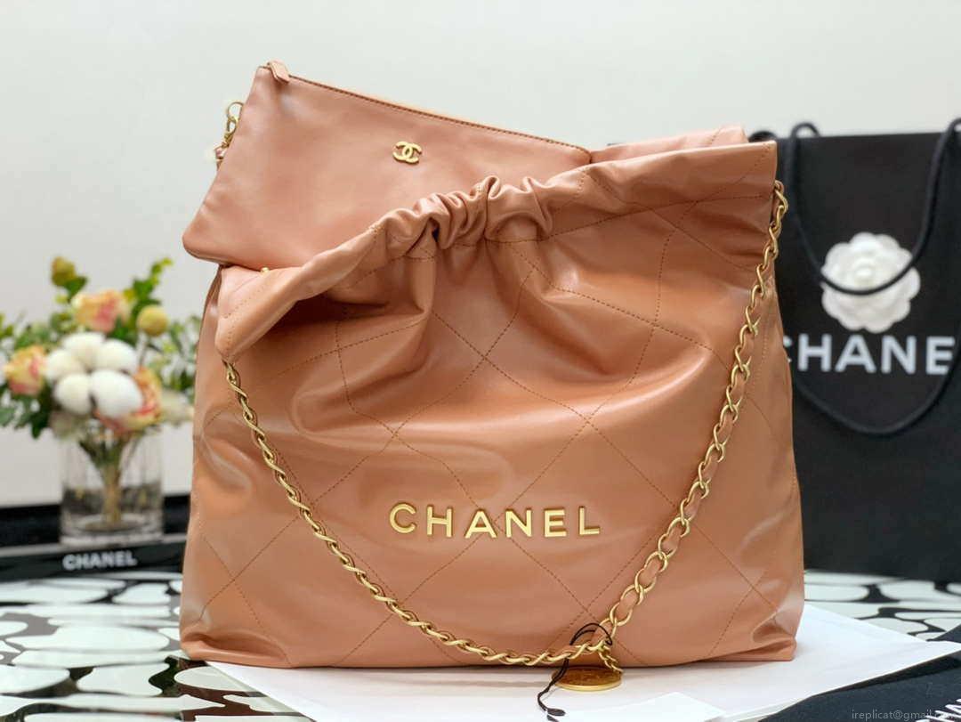Chanel 22 Handbag Shiny Calfskin AS3261 Camel Gold-Tone Metal