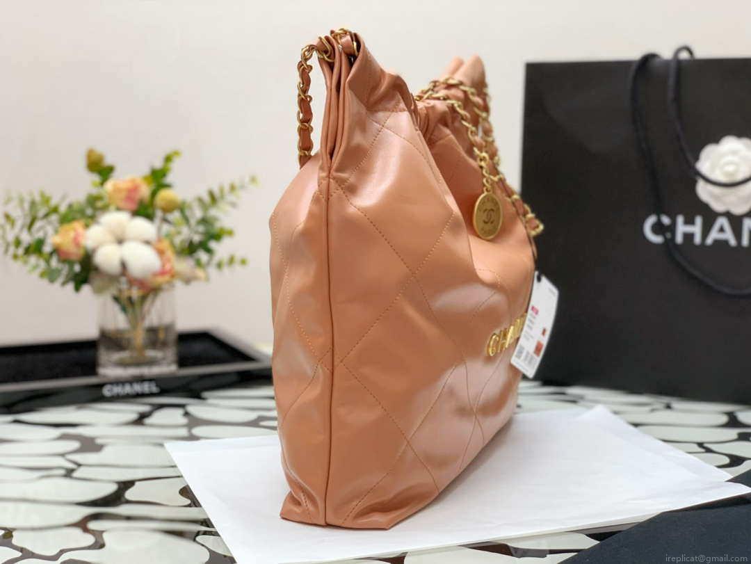 Chanel 22 Handbag Shiny Calfskin AS3261 Camel Gold-Tone Metal