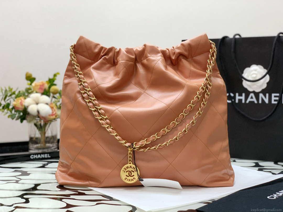 Chanel 22 Handbag Shiny Calfskin AS3261 Camel Gold-Tone Metal