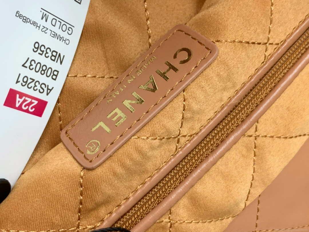 Chanel 22 Handbag Shiny Calfskin AS3261 Camel Gold-Tone Metal