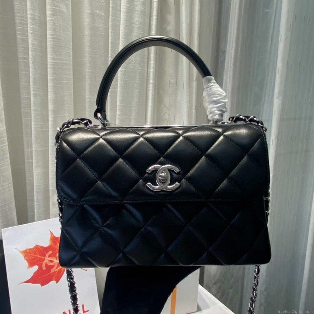 Chanel A92236 Flap Bag With Top Handle Lambskin & Sliver-Tone Metal Black