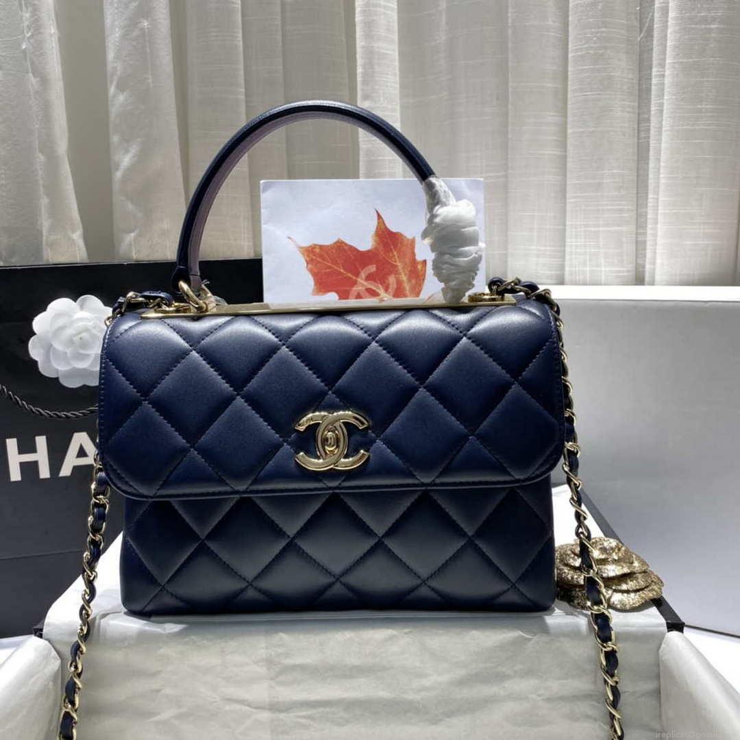 Chanel A92236 Flap Bag With Top Handle Lambskin & Gold-Tone Metal Navy Blue
