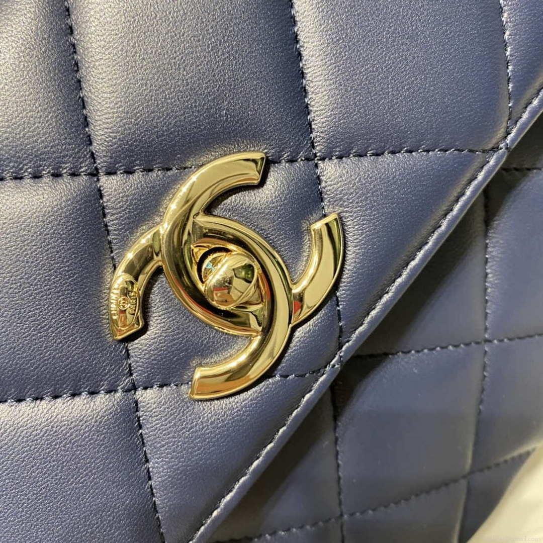 Chanel A92236 Flap Bag With Top Handle Lambskin & Gold-Tone Metal Navy Blue