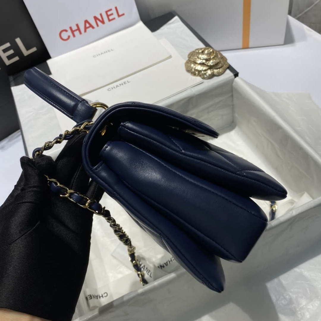 Chanel A92236 Flap Bag With Top Handle Lambskin & Gold-Tone Metal Navy Blue