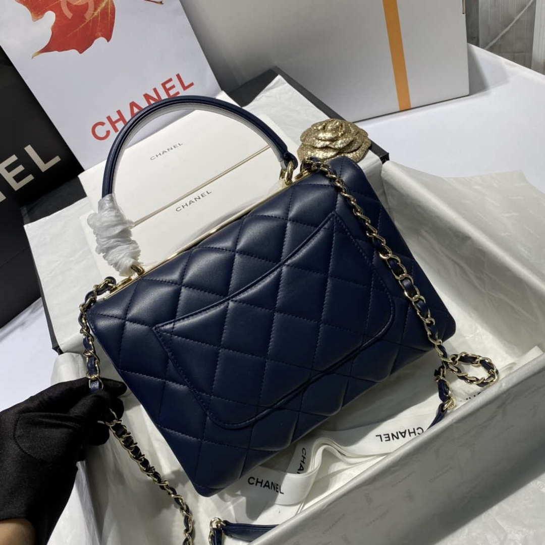 Chanel A92236 Flap Bag With Top Handle Lambskin & Gold-Tone Metal Navy Blue