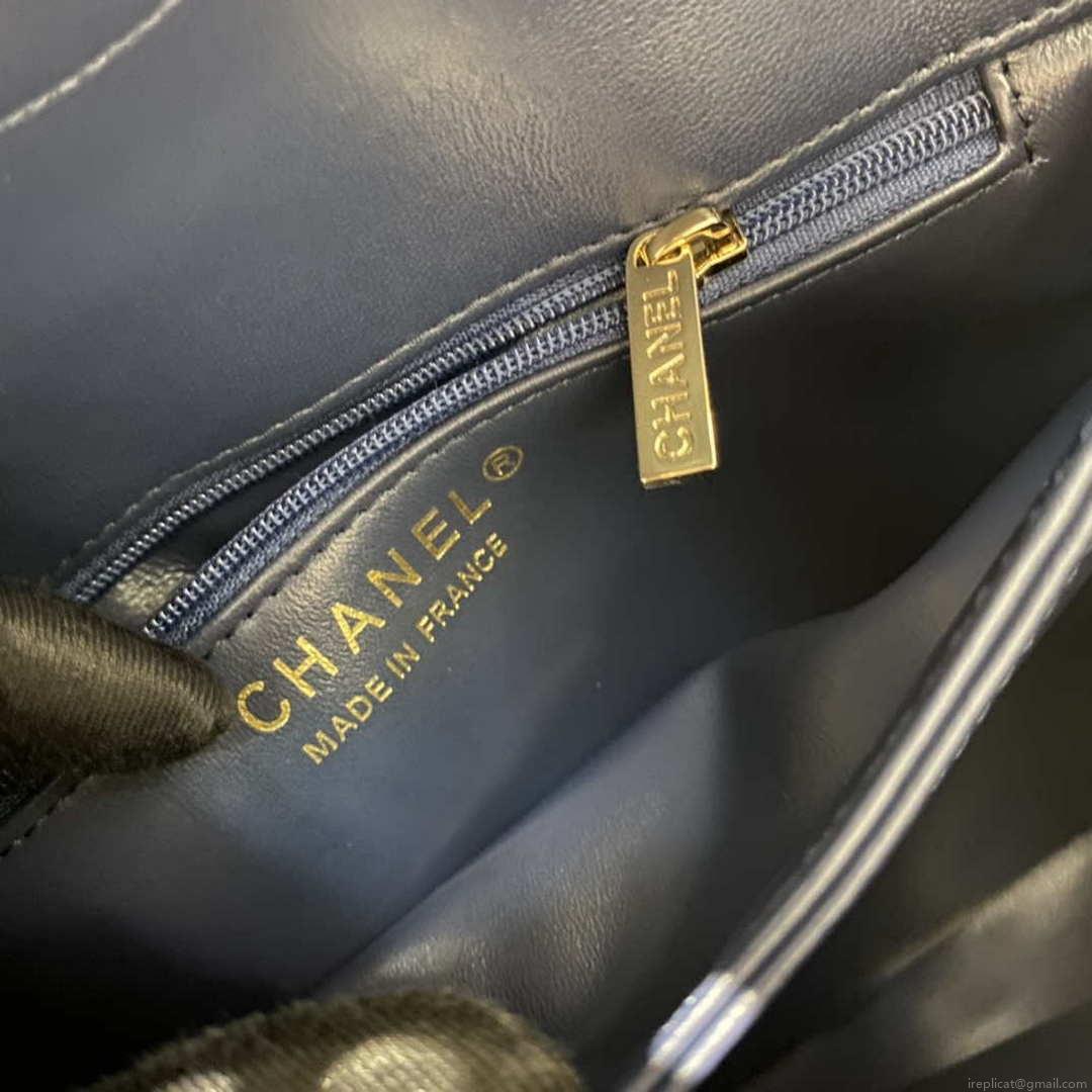 Chanel A92236 Flap Bag With Top Handle Lambskin & Gold-Tone Metal Navy Blue