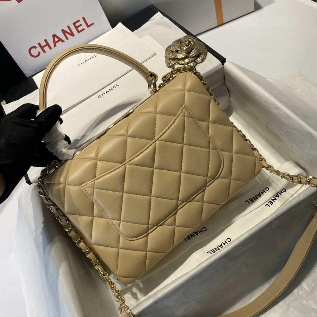 Chanel A92236 Flap Bag With Top Handle Lambskin & Gold-Tone Metal Apricot