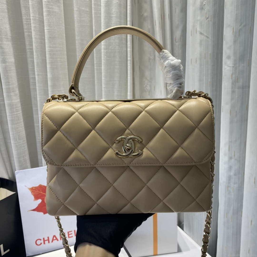 Chanel A92236 Flap Bag With Top Handle Lambskin & Gold-Tone Metal Apricot