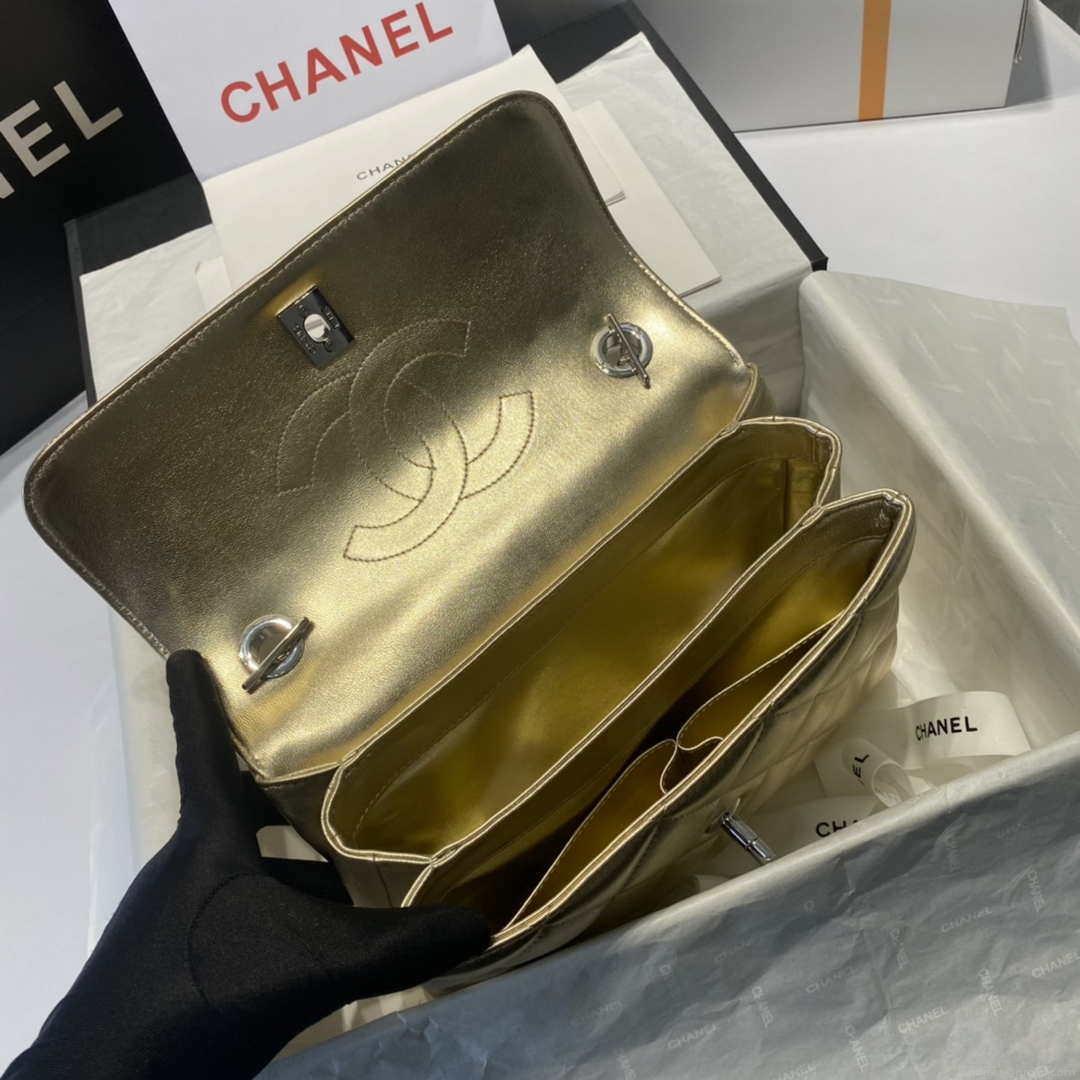 Chanel A92236 Flap Bag With Top Handle Lambskin & Gold-Tone Metal Gold