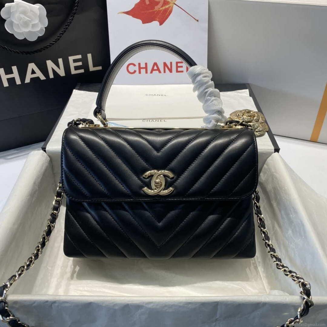 Chanel A92236 Flap Bag With Top Handle Lambskin & Gold-Tone Metal V Gird Black