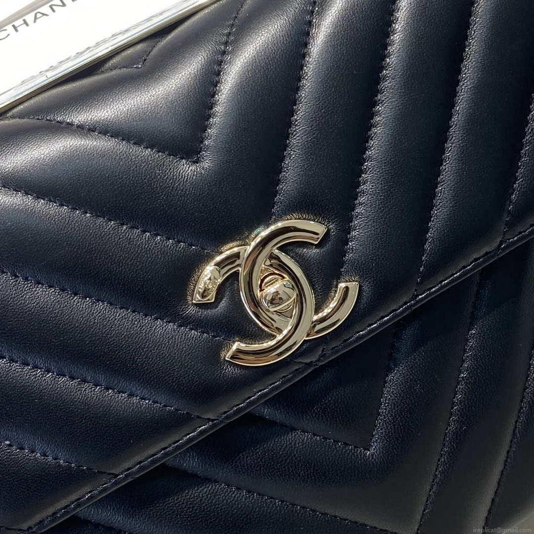 Chanel A92236 Flap Bag With Top Handle Lambskin & Gold-Tone Metal V Gird Black