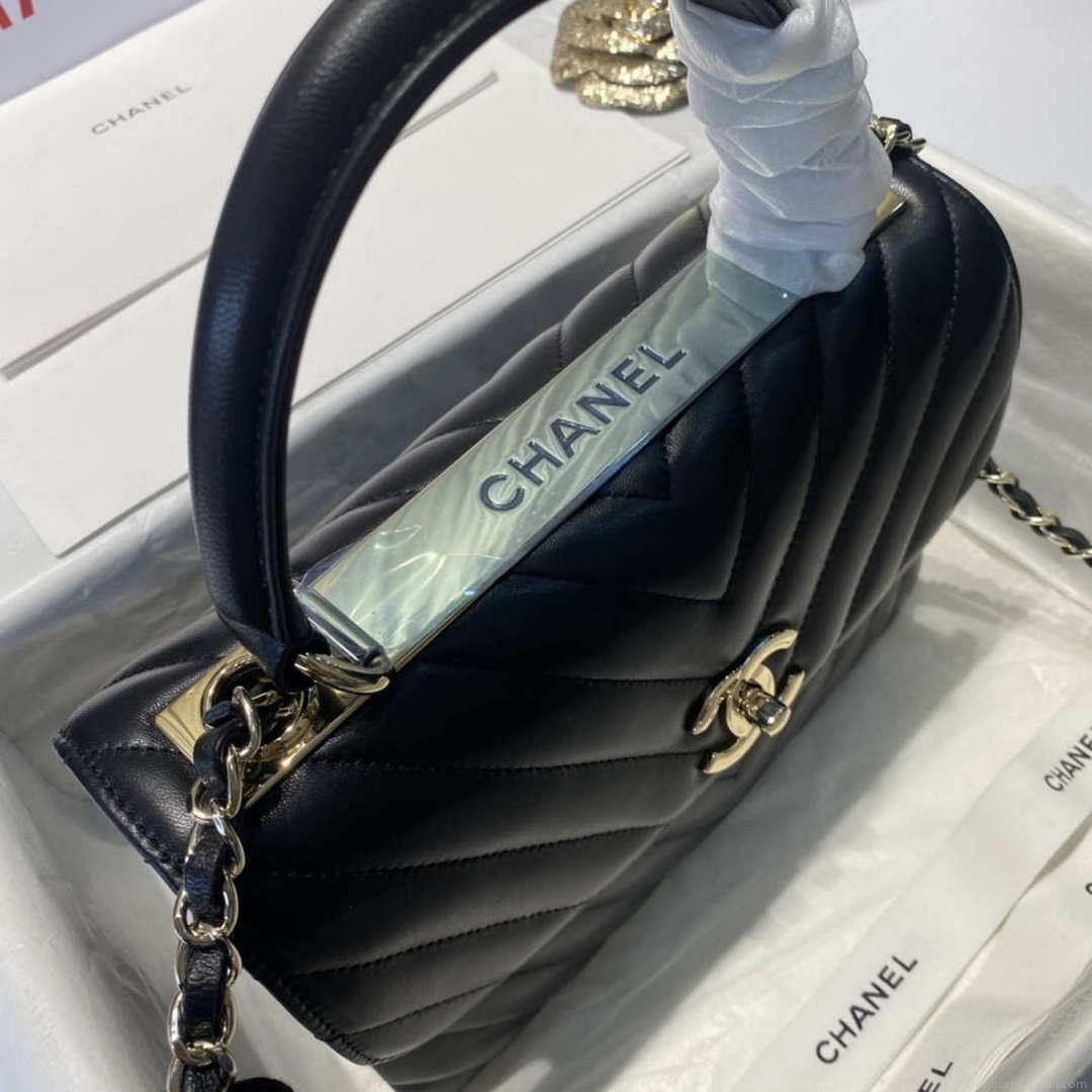 Chanel A92236 Flap Bag With Top Handle Lambskin & Gold-Tone Metal V Gird Black