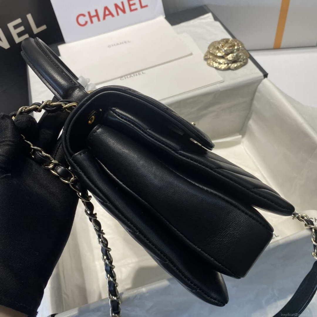 Chanel A92236 Flap Bag With Top Handle Lambskin & Gold-Tone Metal V Gird Black
