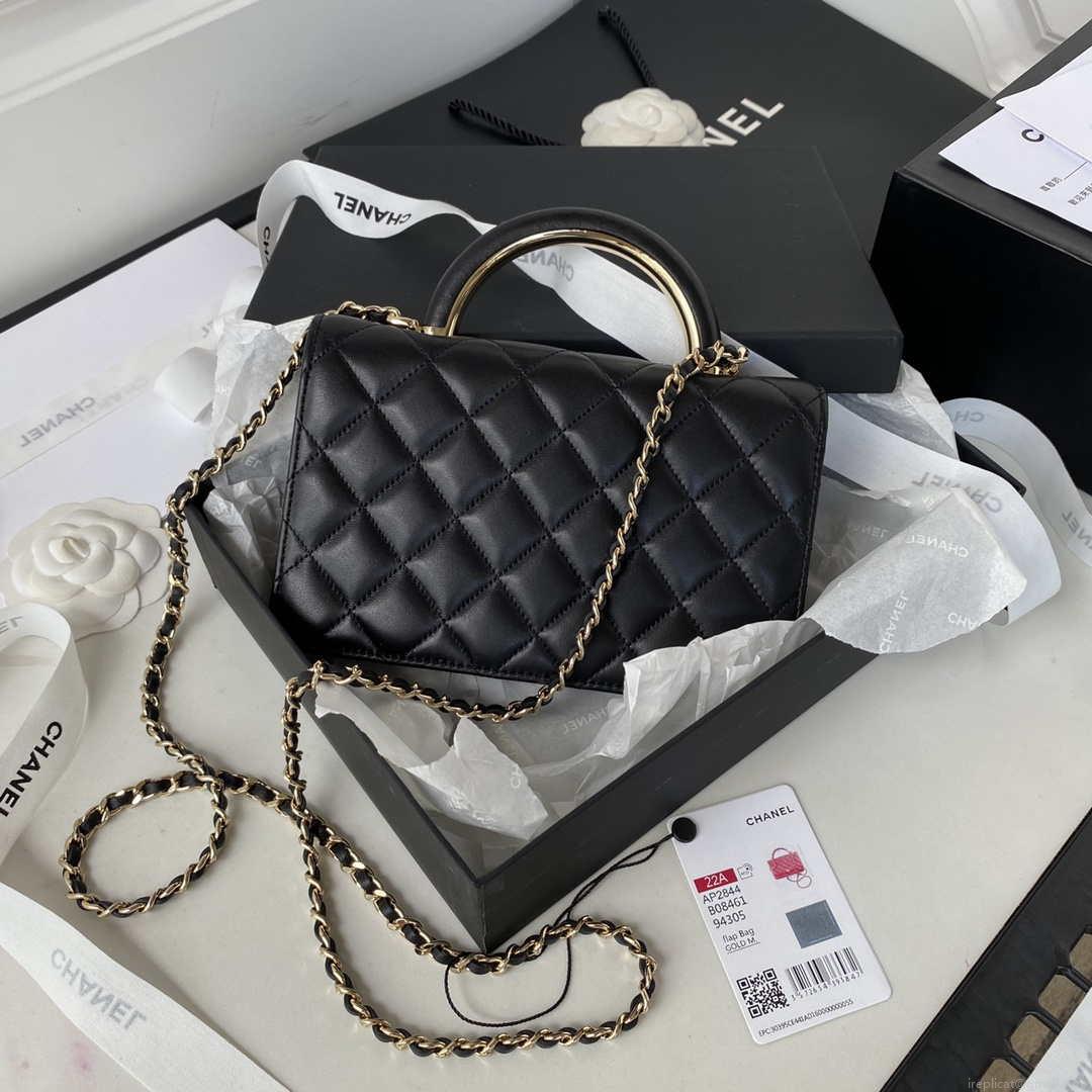 Chanel AP2844 Wallet on chain Lambskin bag with top handle Light gold Black