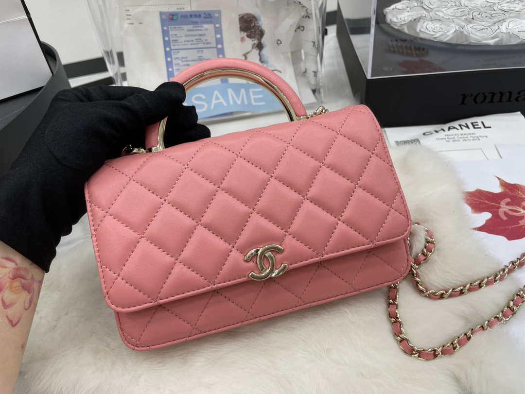 Chanel AP2844 Wallet on chain Lambskin bag with top handle Light gold Pink
