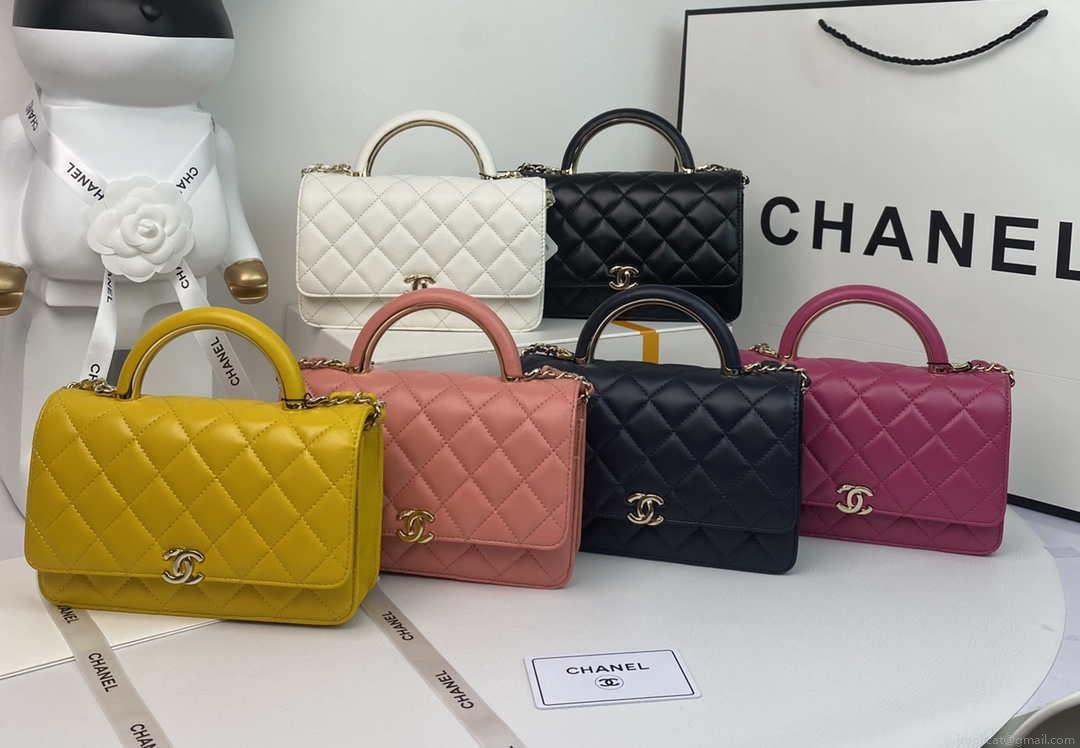 Chanel AP2844 Wallet on chain Lambskin bag with top handle Light gold Navy Blue